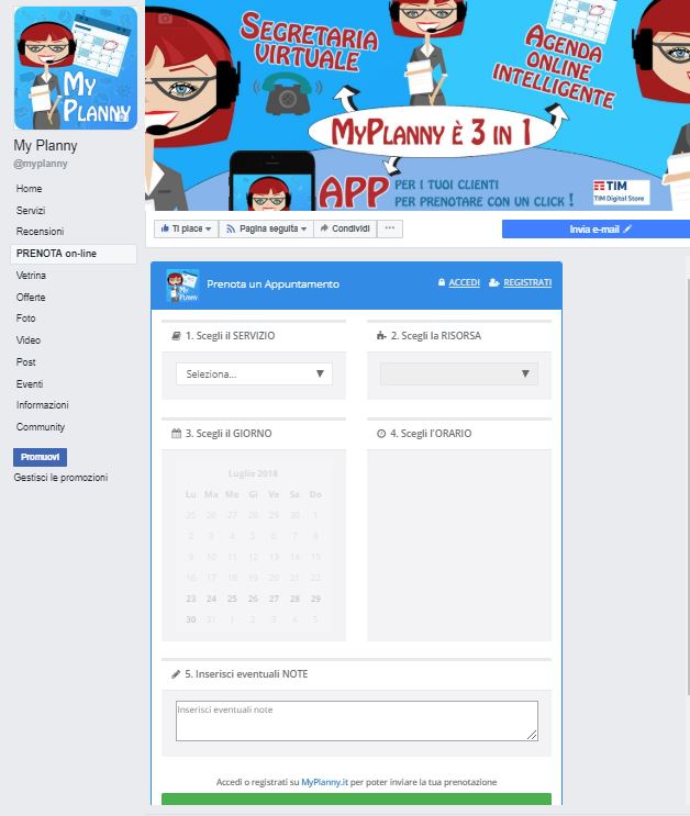 MyPlanny agenda online prenotazioni da facebook